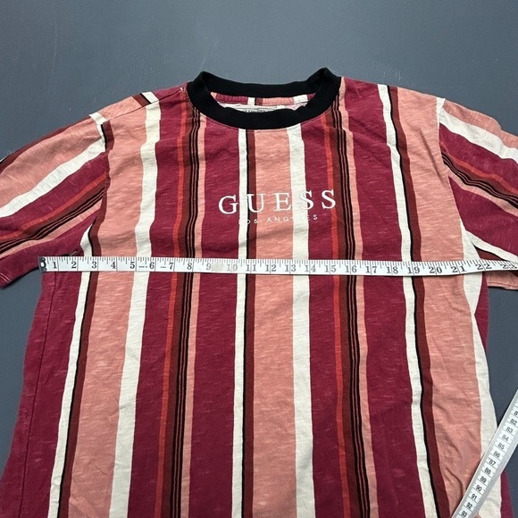 Guess Originals Striped T-Shirt Men's Large Logo Crewneck Red Pink Retro Casual - Picture 6 of 8